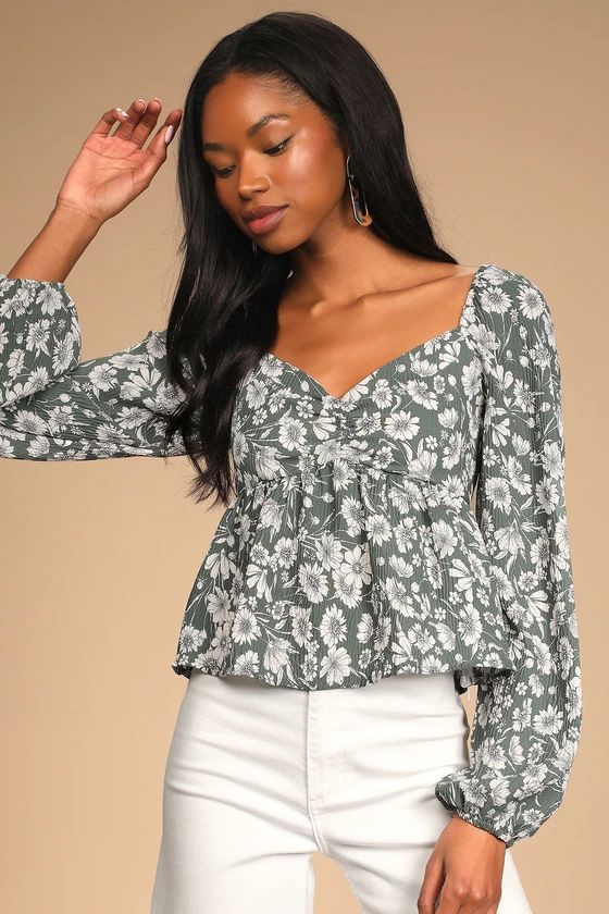 Let Your Love Blossom Sage Floral Print Long Sleeve Top | Lulus (US)