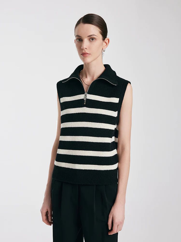 Thermostatic Wool Striped Zippered Collar Vest | GOELIA