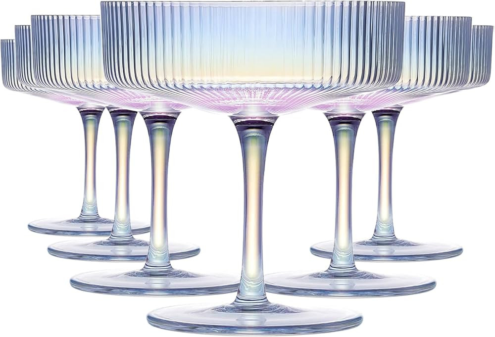 CUKBLESS Iridescent Martini Glasses Set of 6, Champagne Coupe Glasses, Hand Blown Vintage Ribbed ... | Amazon (US)