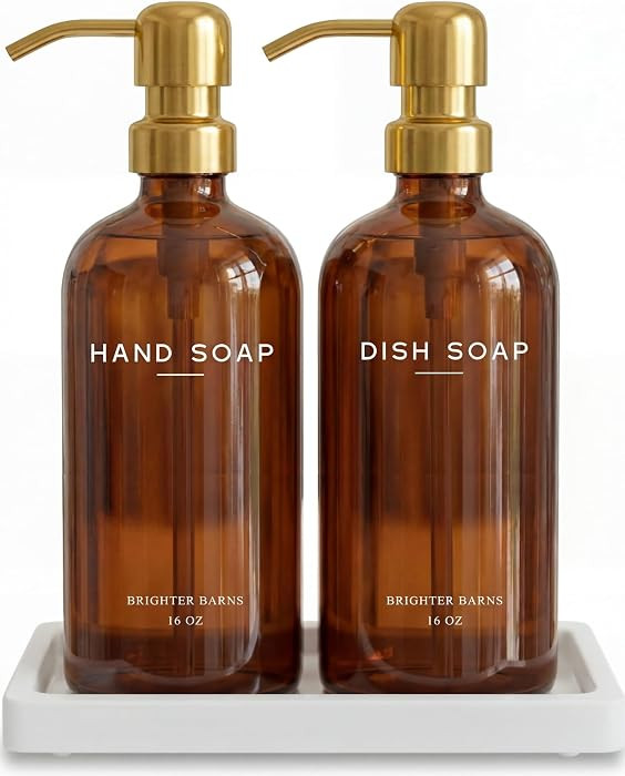 Luxury Glass Hand and Dish Soap Dispenser Set with Tray by Brighter Barns - Kitchen Soap Dispense... | Amazon (US)