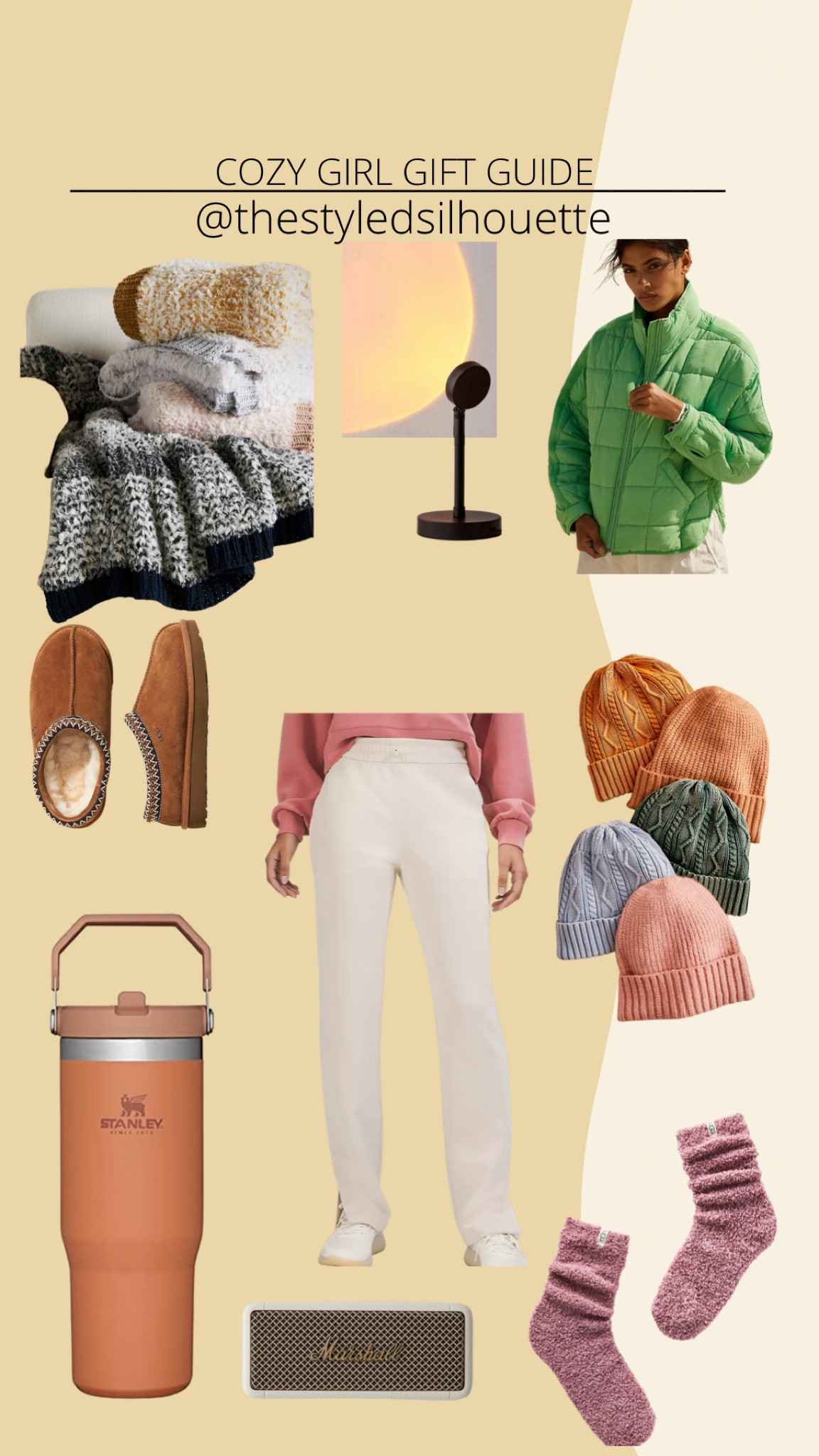 Cozy girl gift guide// soft blanket// Lululemon sweatpants// Stanley cup// ugh slippers// beanies // warm light// sunset light// puffer jacket// cozy socks// Marshall wireless speaker 

#LTKSeasonal #LTKhome #LTKHoliday