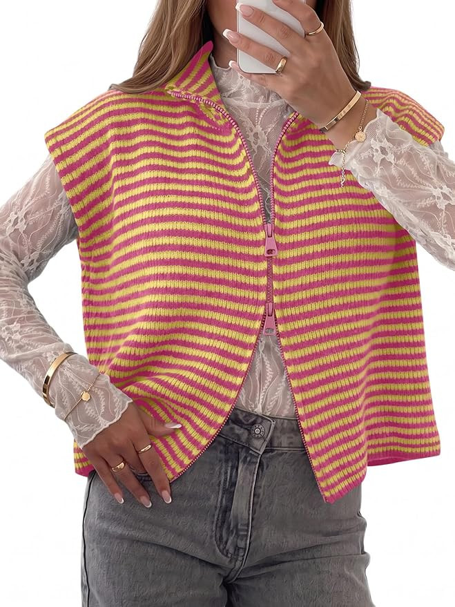 Saodimallsu Women Striped Cardigan Sweater Vest Fall Zip Up Knit Summer Top | Cap Sleeve,Mock Nec... | Amazon (US)