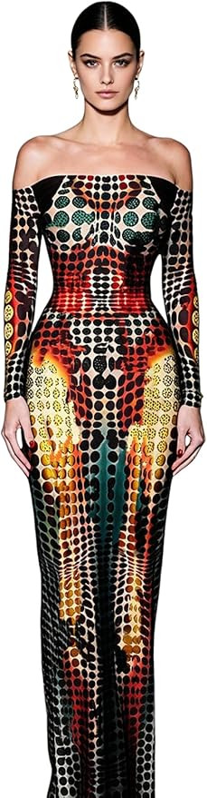 Suillty Women Sexy Off Shoulder Long Sleeve Maxi Dress 3D Body Geometric Printed Color Block Body... | Amazon (US)