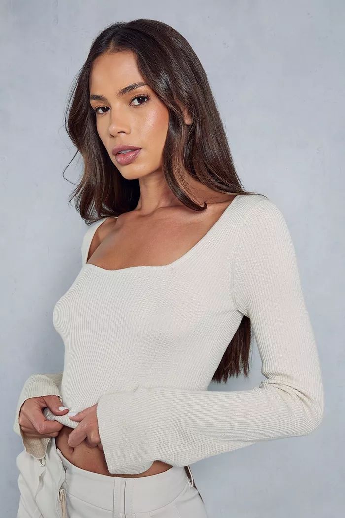 Knitted Ribbed Plunge Sweetheart Neckline Top | Boohoo.com (UK & IE)
