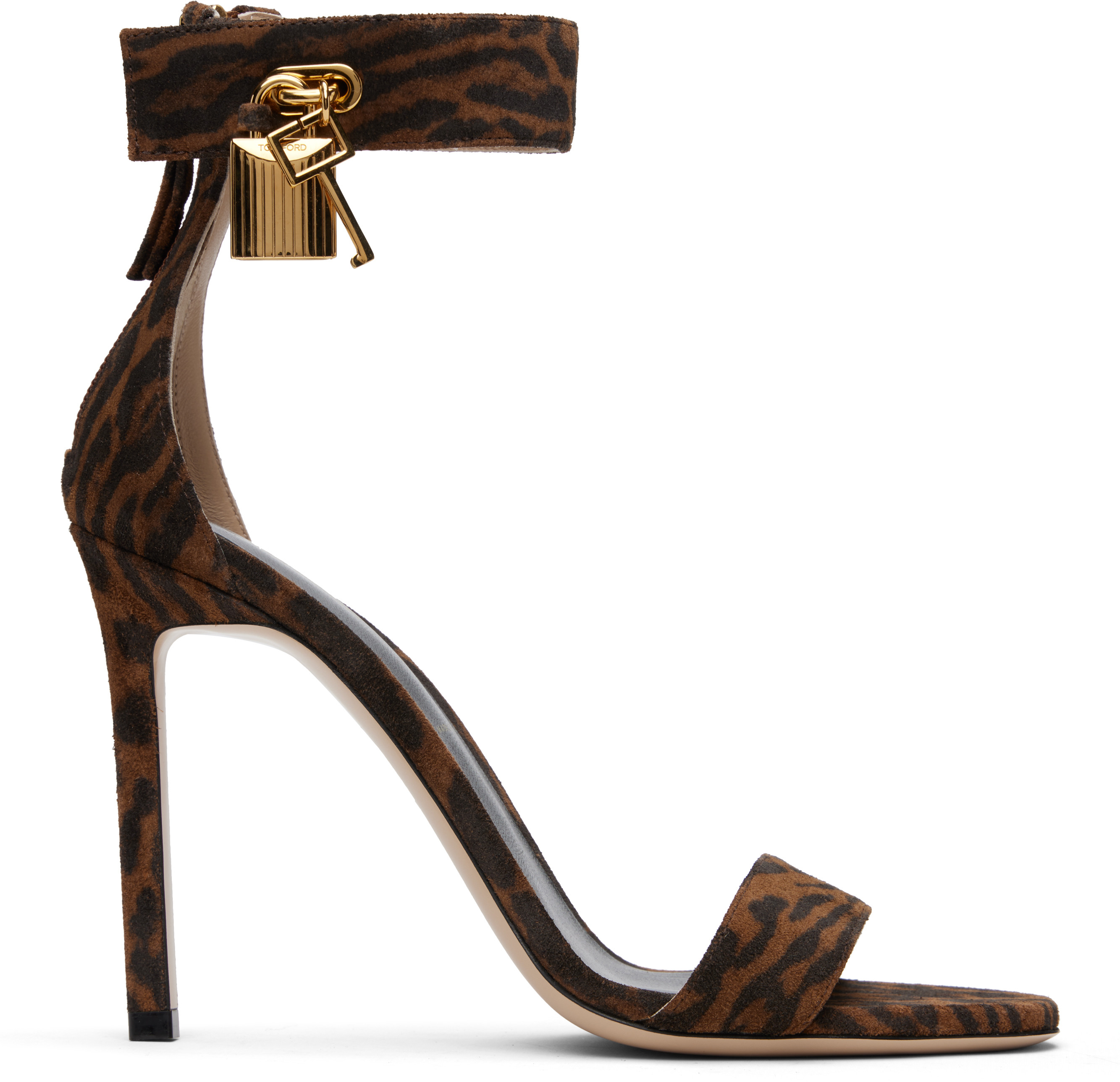 TOM FORD Brown Ocelot-Print Suede Padlock Heeled Sandals | SSENSE