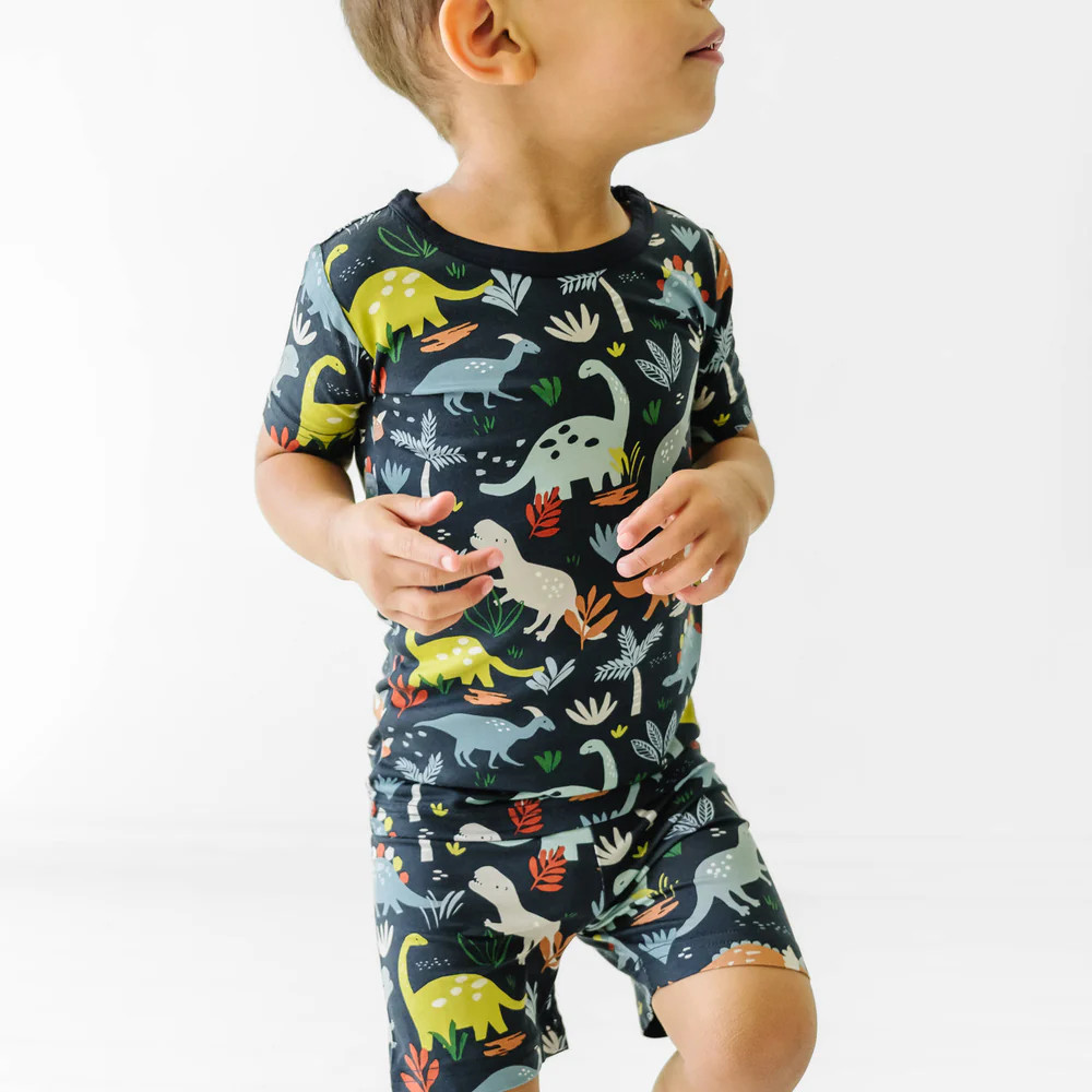 Navy Jurassic Jungle Two-Piece Short Sleeve & Shorts Pajama Set | Little Sleepies