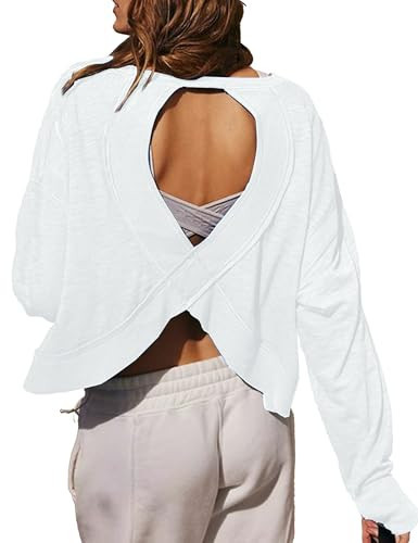 Fhniepan Women's Open Back Workout Top Casual Long Sleeve Athletic Shirts Backless Crop Gym Yoga Tee(White,M) | Amazon (US)