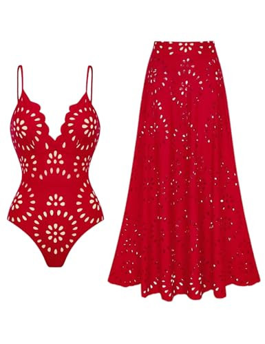 FLAXMAKER Women's One Piece Bathing Suit Petal Hollow V Neck Swimsuit and Skirt(Red,XL) | Amazon (US)