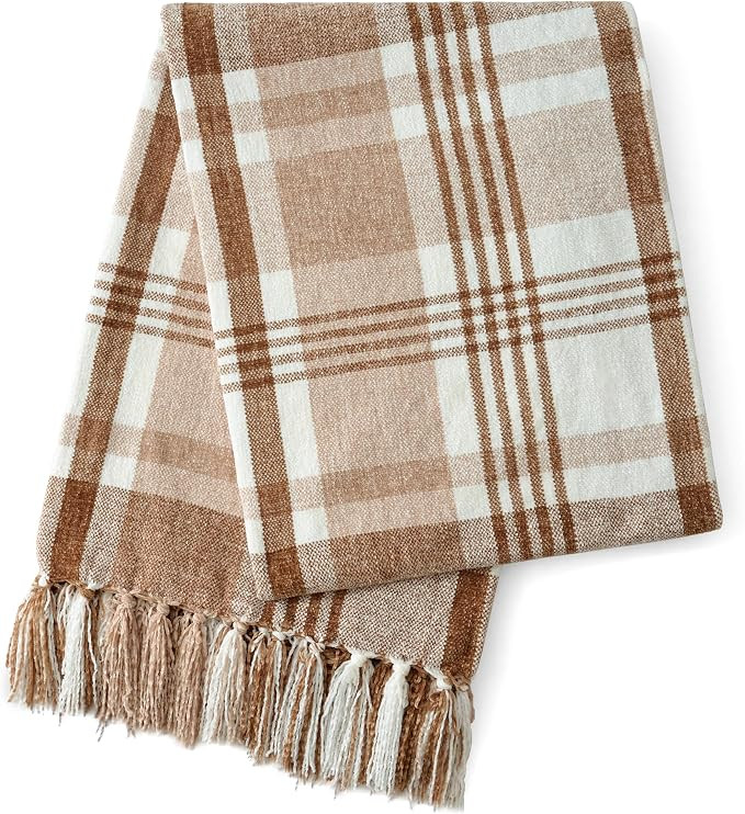 Carriediosa Chenille Throw Blanket Knotted Tassels 50x60, Light Brown Plaid | Amazon (US)