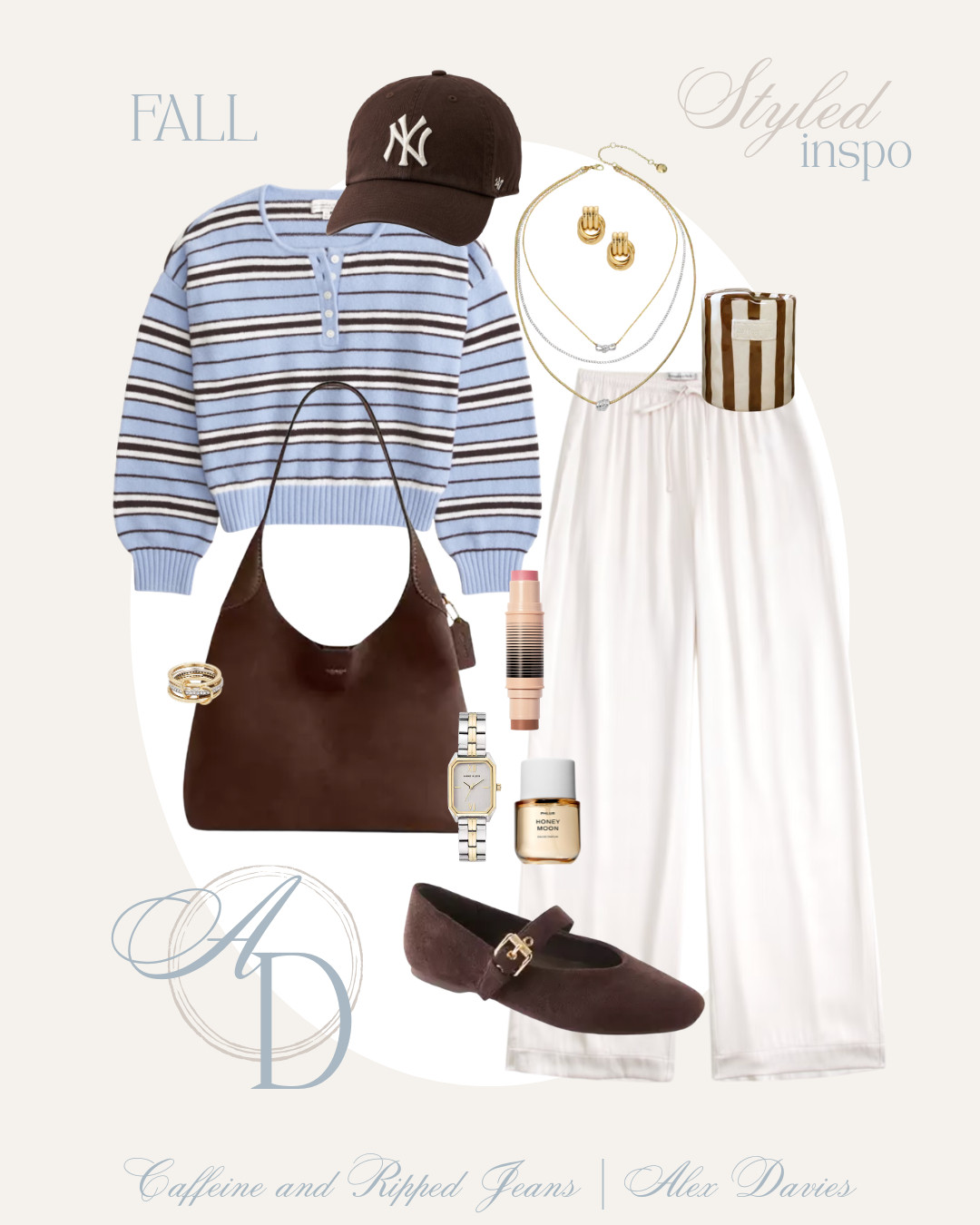 // fall outfits women // fall outfits for women // casual on the go outfit inspo // brown suede mary jane flats // satin pants // abercrombie sweater // striped sweater // brown and blue merino wool sweater // mixed metal jewelry // to go ceramic coffee cup // @Dibs beauty duo stick // honeymoon scent from Phlur // 

 #LTKgrwm #LTKootd #LTKSeasonal