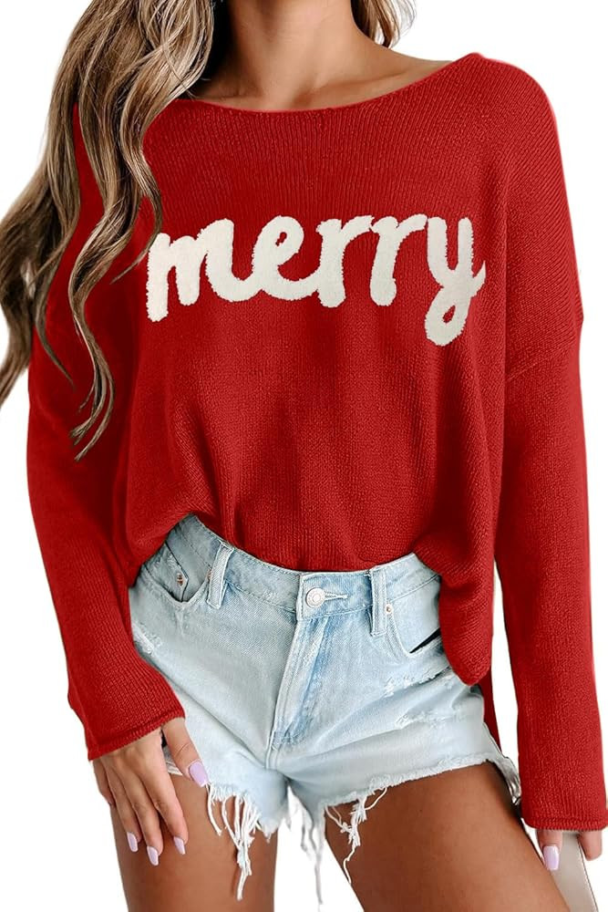 Christmas Sweaters for Women Merry Sweater Long Sleeve Xmas Holiday Knitted Graphic Pullover Top | Amazon (US)