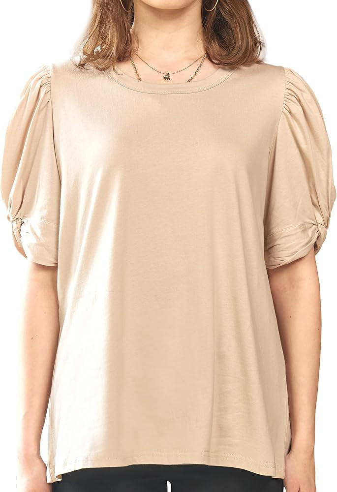 noflik 100% Cotton Solid Knot Puff Sleeve Cotton Knit Top | Amazon (US)