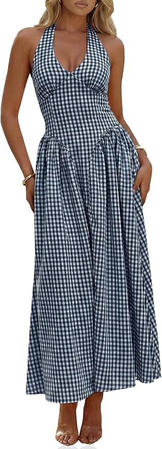Wenrine Womens Halter V Neck Corset Maxi Dresses Summer Plaid Smocked Tie Back Backless Wedding G... | Amazon (US)