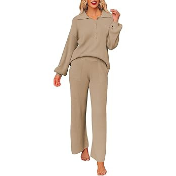 Pink Queen Women's 2 Piece Outfit Sweater Set Long Sleeve Button Knit Pullover Top Wide Leg Pants... | Amazon (US)