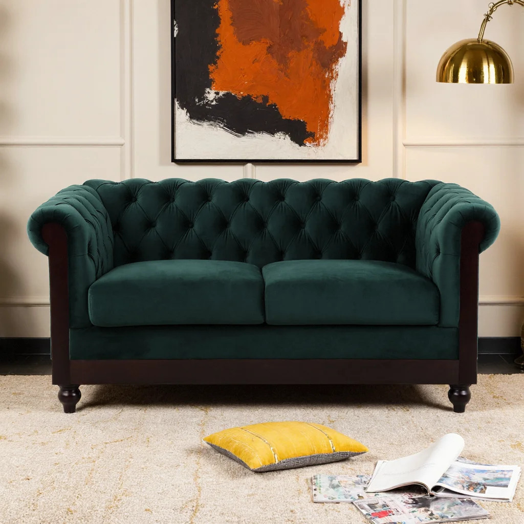 59.4" Chesterfield Velvet Loveseat – 2-Seater Sofa with Rolled Arms, Tufted Button Back – Dutch Plush Upholstery, Pine Wood Frame – Compact Apartment | Wayfair North America
