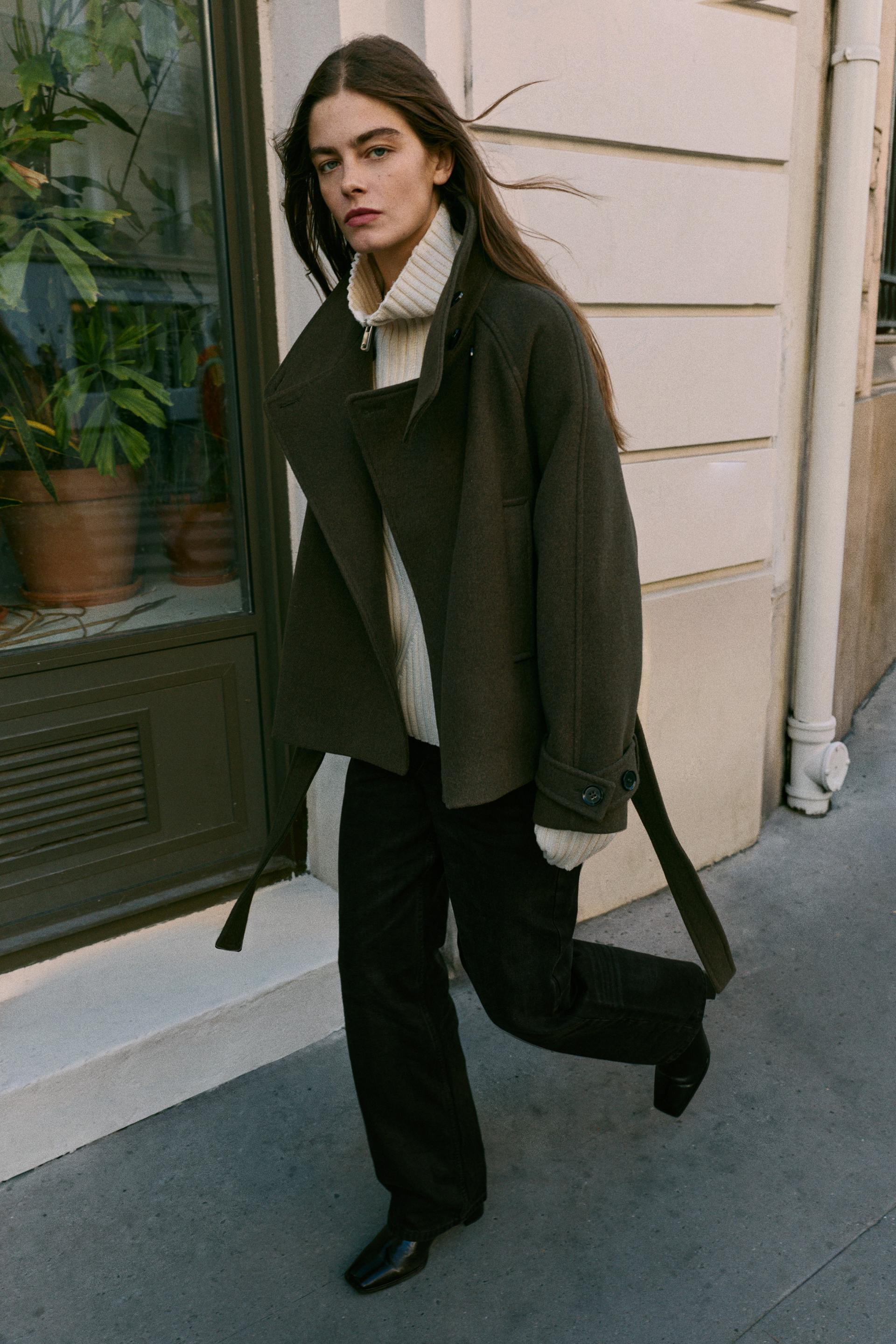 Zara - High Neck Coat With Belt - Khaki - L - Woman | Zara US