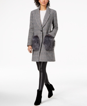 Kendall + Kylie Faux-Fur-Pocket Houndstooth Coat | Macys (US)