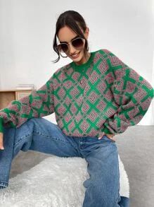Argyle Pattern Drop Shoulder Sweater
   SKU: sw2206287071821827      
          (3 Reviews)
     ... | SHEIN