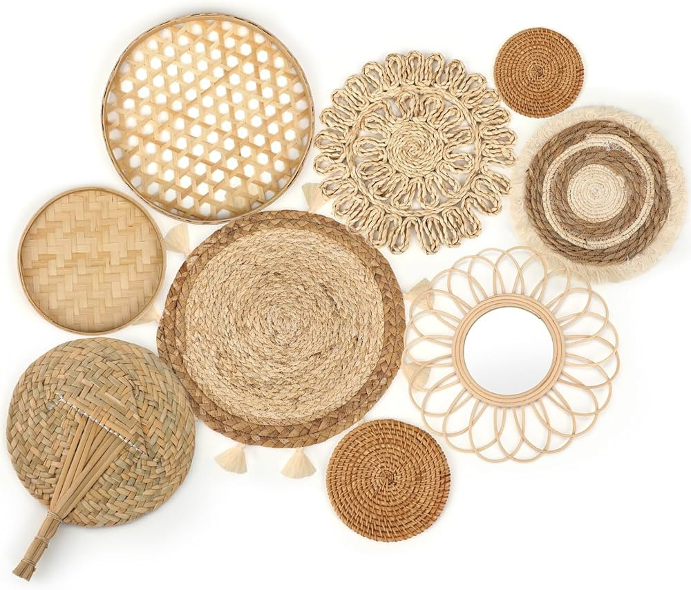 Set of 9 Wall Basket Decor Boho Wall Hanging Decor Rattan Wall Decor Flat Round Wicker Mirror Wov... | Amazon (US)