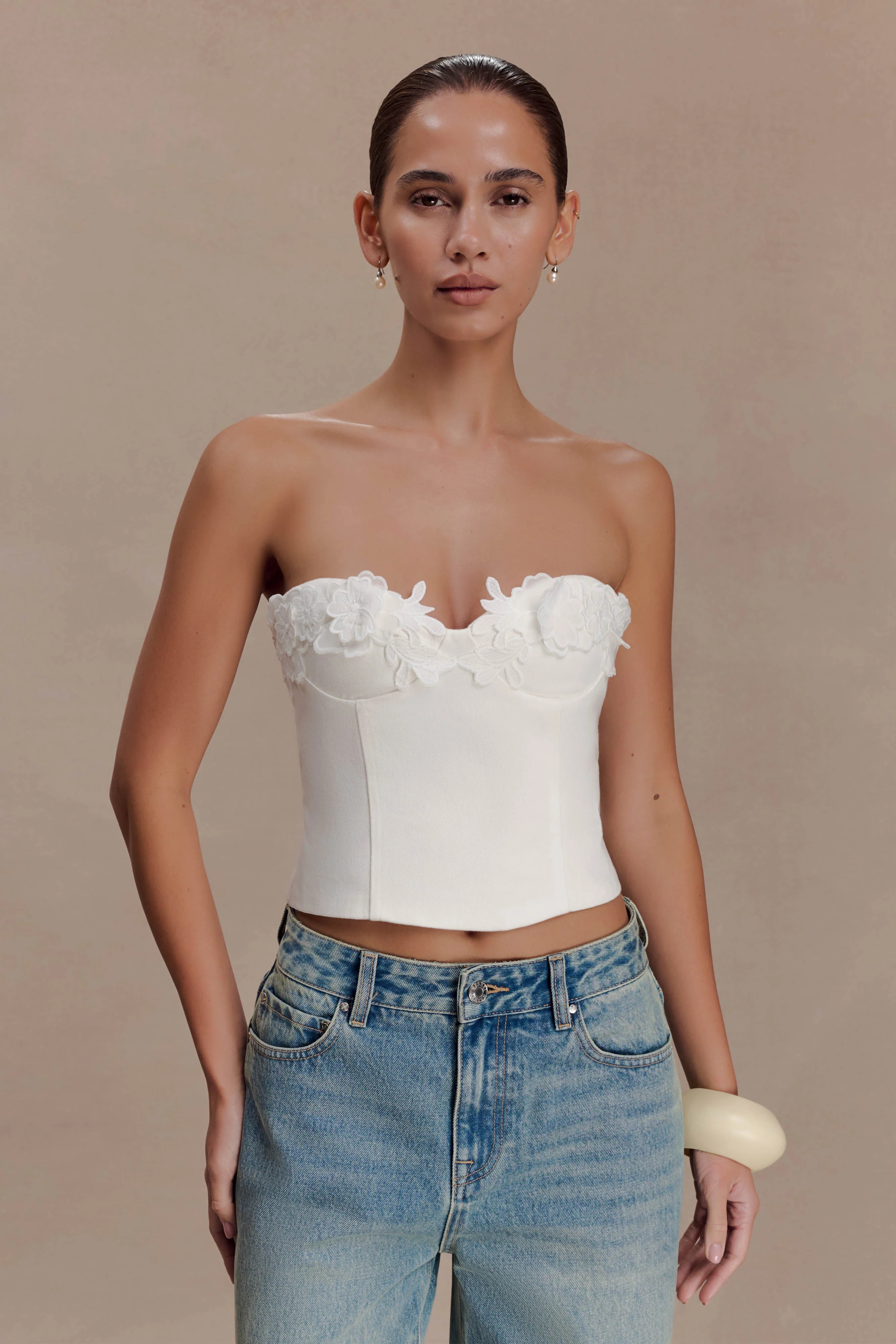 Melany Applique Denim Bustier - White | Meshki UK
