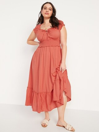 Puff-Sleeve Waist-Defined Clip-Dot Midi Dress for Women | Old Navy (US)
