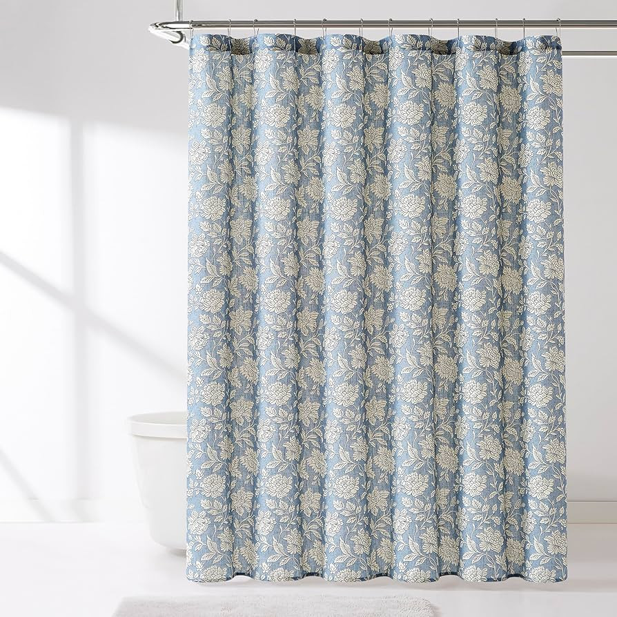 Lush Decor Zara Floral Block Linen Textured Shower Curtain Single 72" W x 72" L Blue - Floral Bat... | Amazon (US)