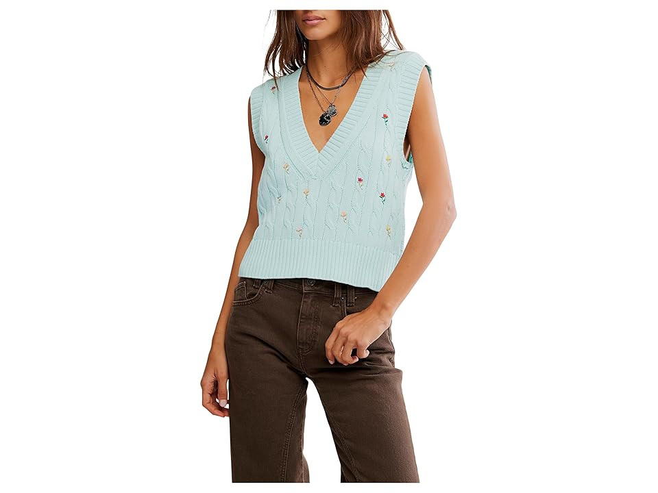 Free People Plumeria Floral Vest Women's Sweater Blue Glass Combo : MD (Women's 8-10), Cotton | Zappos