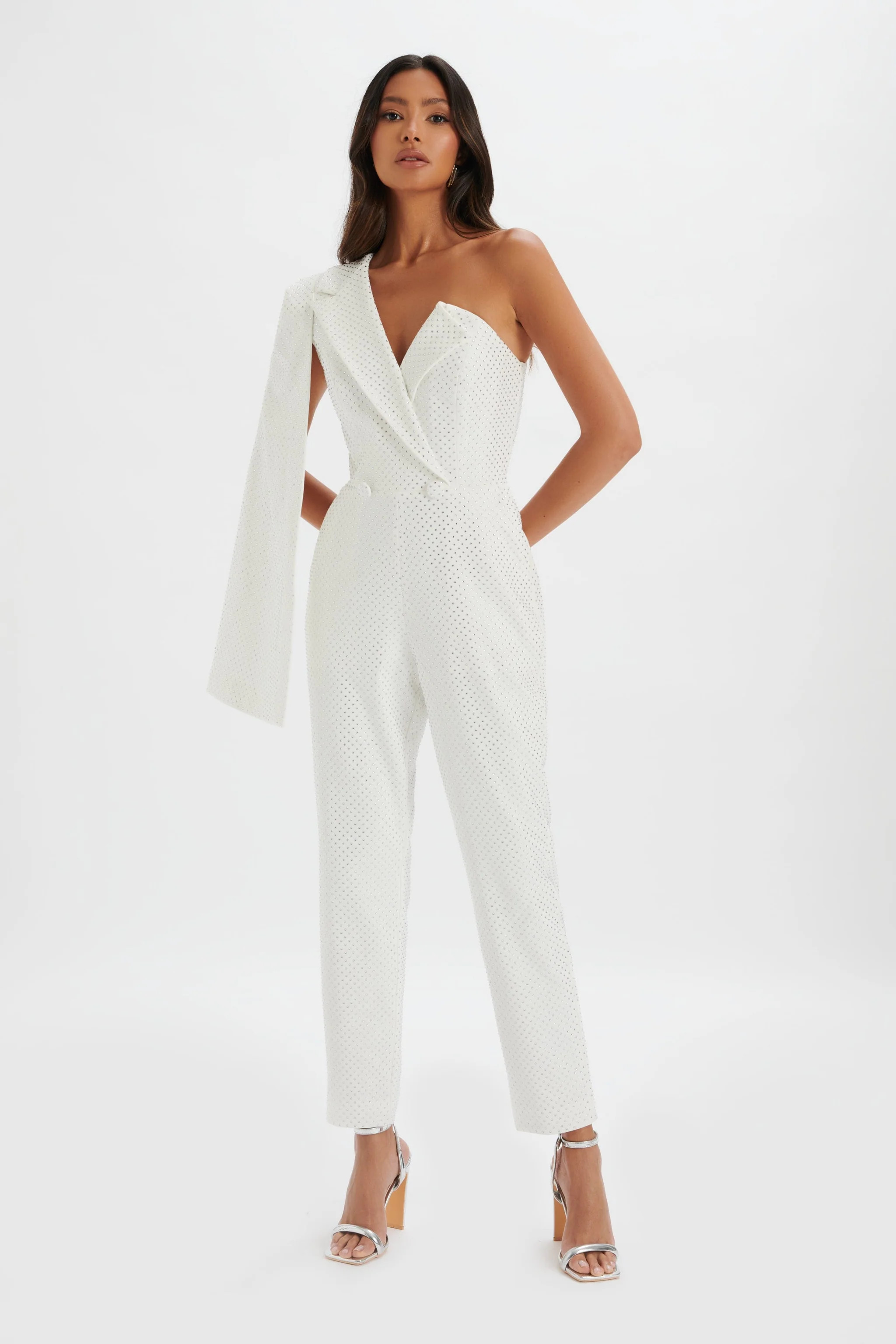 MISCHA Crystal Embellished One Shoulder Cape Jumpsuit in White | Lavish Alice Retail Ltd