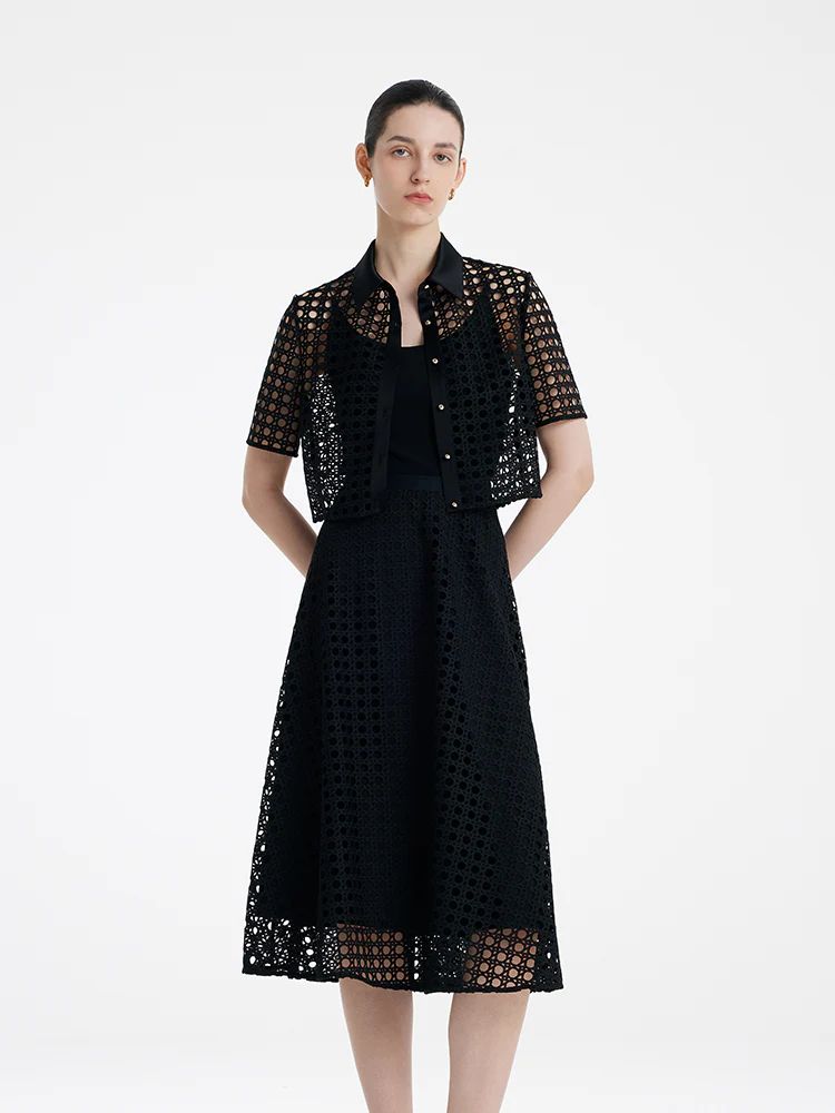 Lace Openwork Crop Jacket And Half Skirt And Knitted Camisole Three-Pi | GOELIA