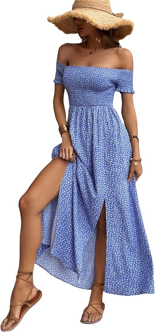Floerns Women's Boho Ditsy Floral Print Off Shoulder Short Sleeve Split Maxi A Line Dress | Amazon (US)
