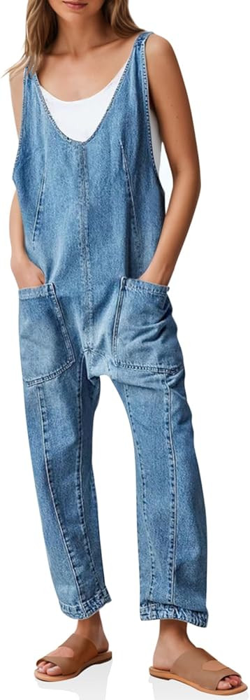 PLNOTME Women's Denim Overall Jumpsuits Sleeveless V Neck Adjustable Straps Jeans Long Pants Romp... | Amazon (US)