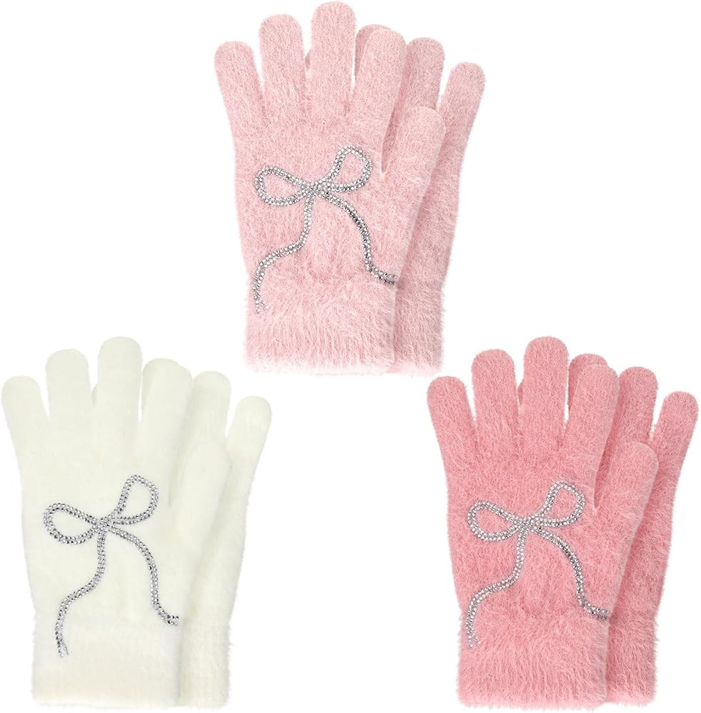 Faux Mink Gloves for Women Pink Winter Warm Bow Fuzzy Fluffy Full Finger Gloves Rhinestone Mitten... | Amazon (US)