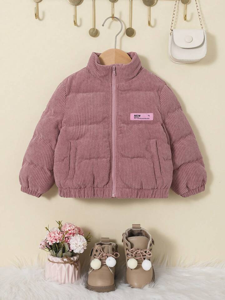 SHEIN Baby Girl Letter Patched Detail Slant Pockets Cord Jacket | SHEIN