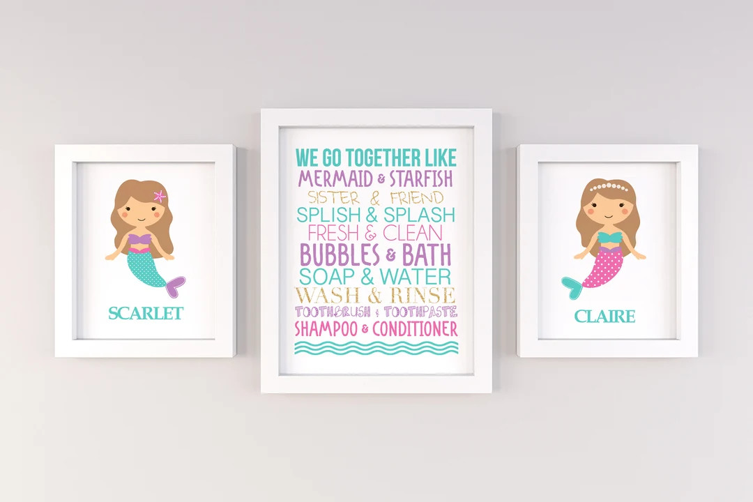 Mermaid bathroom decor, Kids Bathroom Decor, sister bathroom decor, Bathroom Wall Art, We go toge... | Etsy (US)