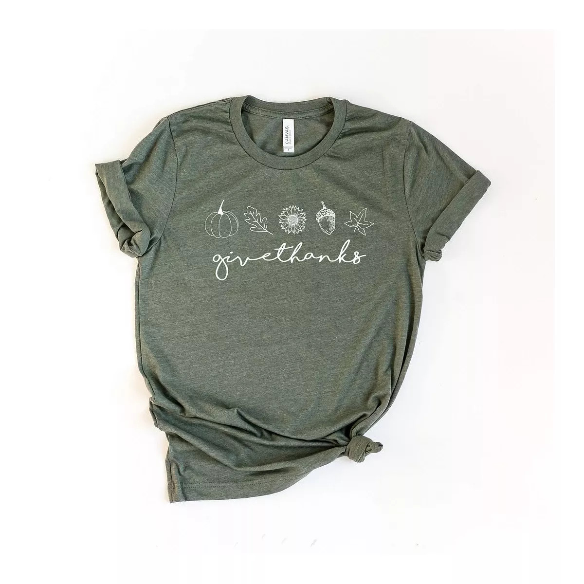 Simply Sage Market Women's Give Thanks Acorn Short Sleeve Graphic Tee - L - Army Green | Target