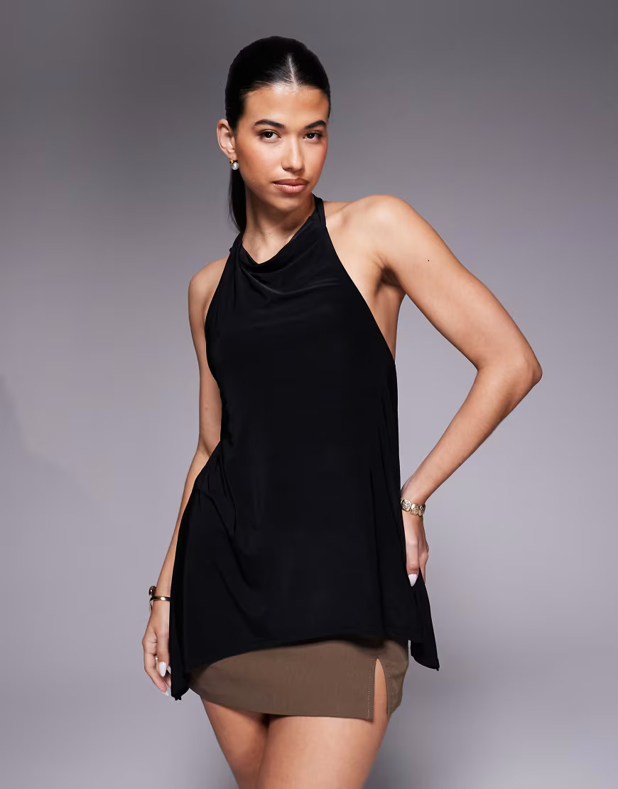 ASOS DESIGN co-ord slinky asymmetric longline halterneck top in black | ASOS (Global)