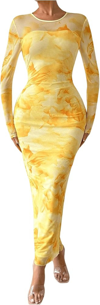 GORGLITTER Women's Sexy Floral Print Mesh Insert Maxi Dress Long Sleeve Crewneck Bodycon Dresses | Amazon (US)