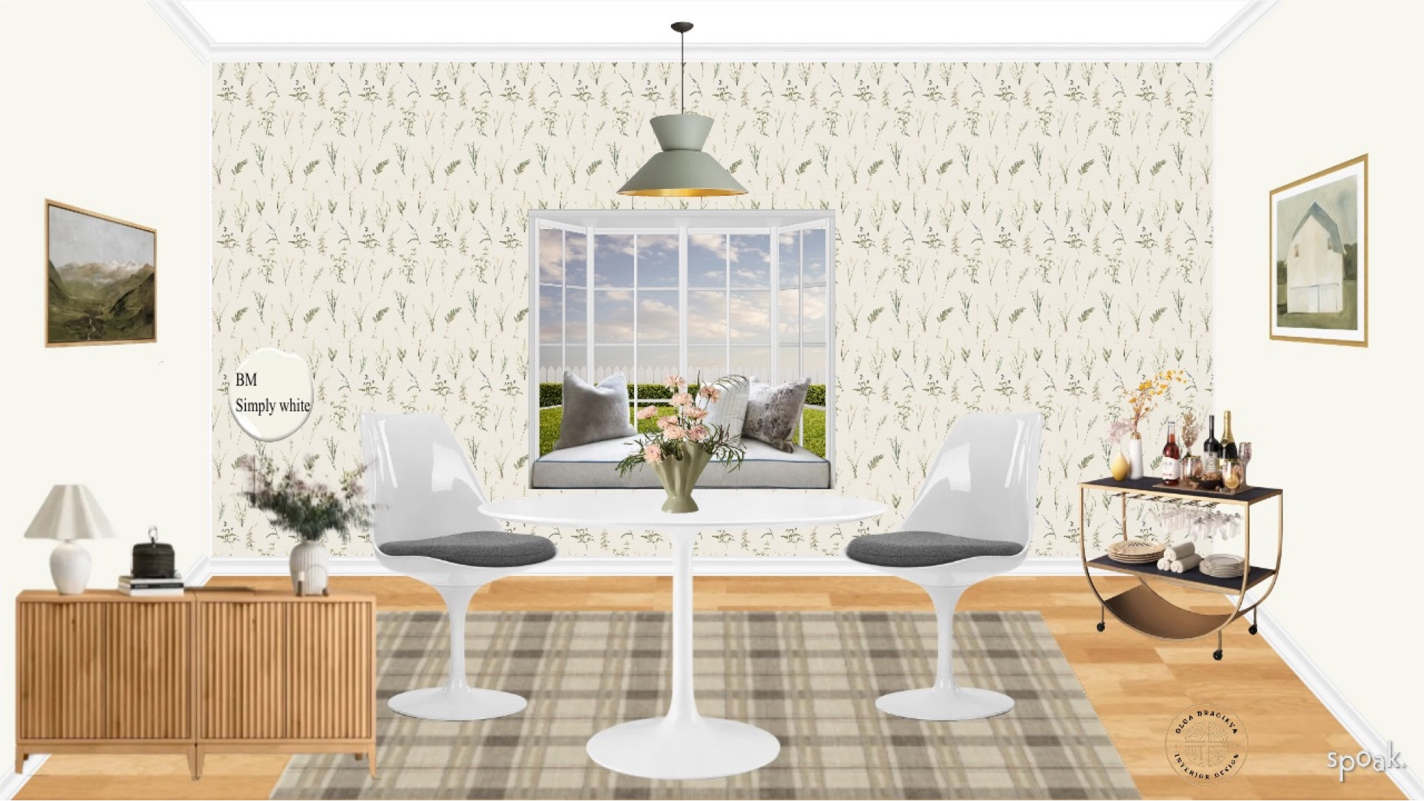 Farmhouse/mid-century modern dining room design/moodboard. I love the wallpaper from Chasing paper, plaid rug, mid-century modern tulip dining chairs and dining table. Bay window with a custom bench cushion from Etsy. Green pendant and a fluted console table. Beautiful bar cart. #moodboard #diningroom #farmhouse 

#LTKstyletip #LTKhome #LTKSeasonal