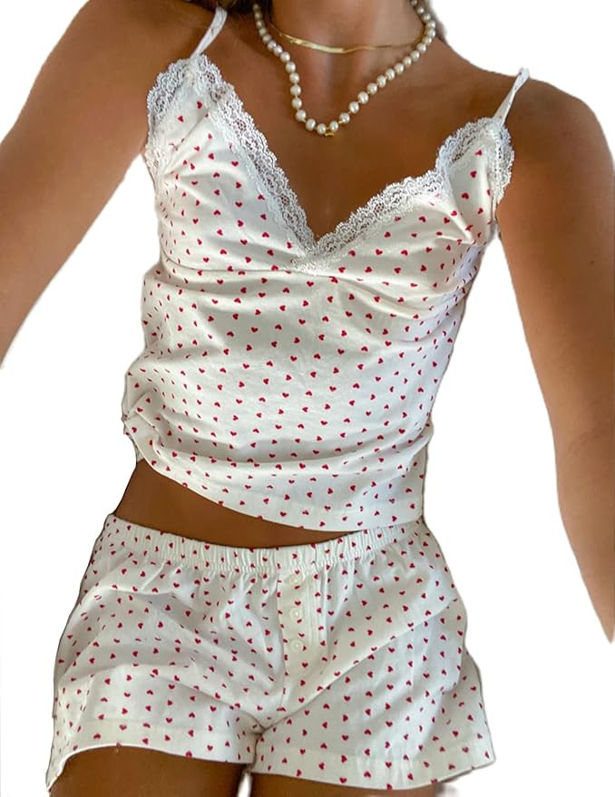 BHMAWSRT Women's Girls 2PCs Pajamas Sets Y2k Lace Trendy Sleeveless Heart Print Cami Tops and Sho... | Amazon (US)