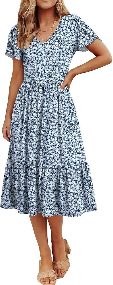 ANRABESS Womens Summer Midi Dresses Casual V Neck Short Sleeve A Line Floral Flowy Tiered Beach V... | Amazon (US)