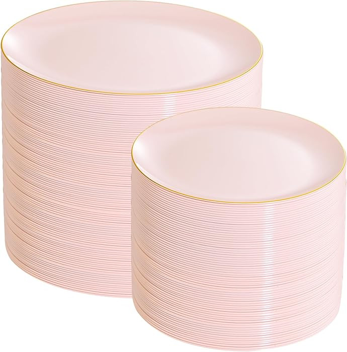 PULOTE 200Pieces Pink Plastic Plates - Premium Hard Pink and Gold Disposable - Include 100PCS 10 ... | Amazon (US)