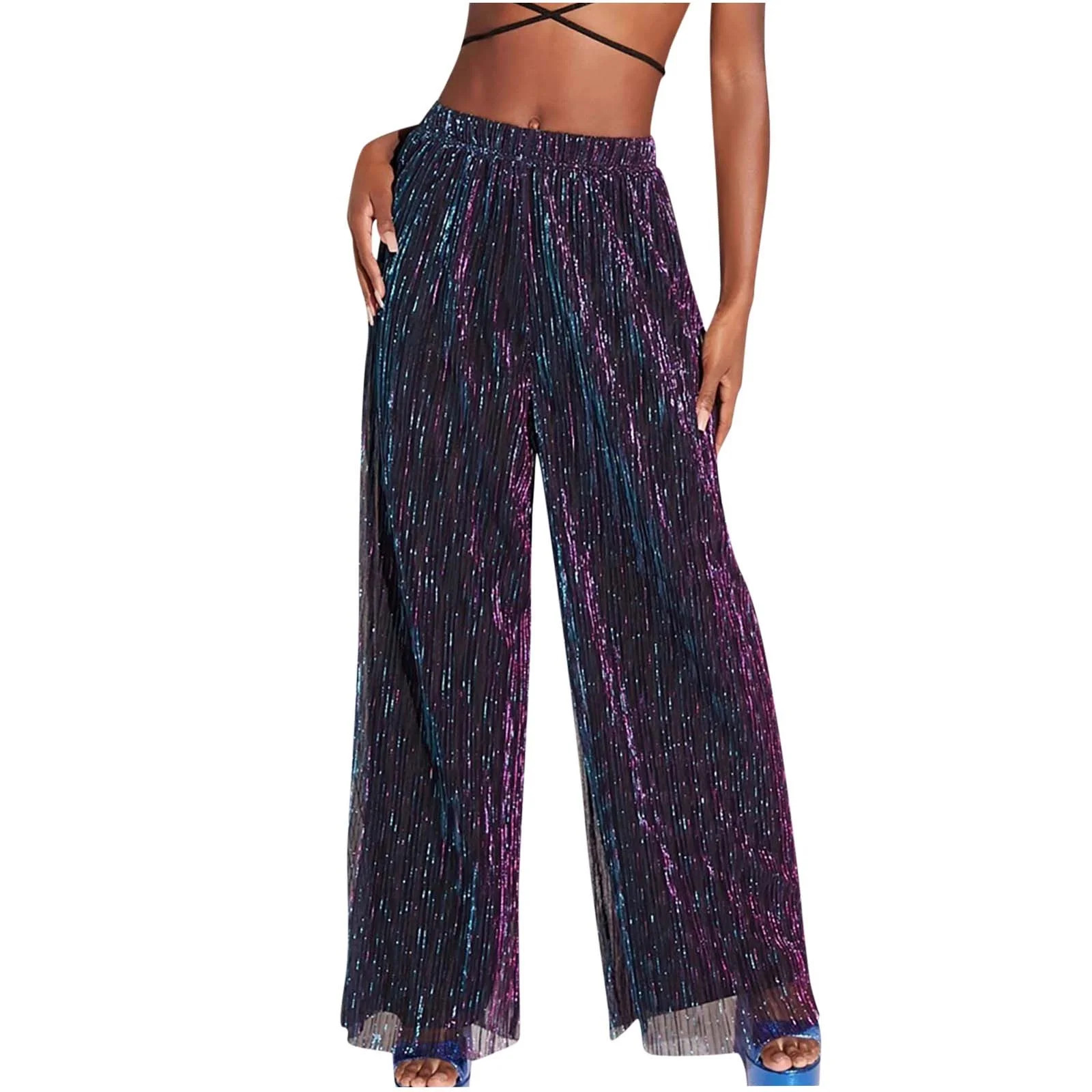 Trendy Pants for Women Shiny Glitter Mesh Dual Layered Flowy Straight Wide Leg Pants for Night Ou... | Walmart (US)