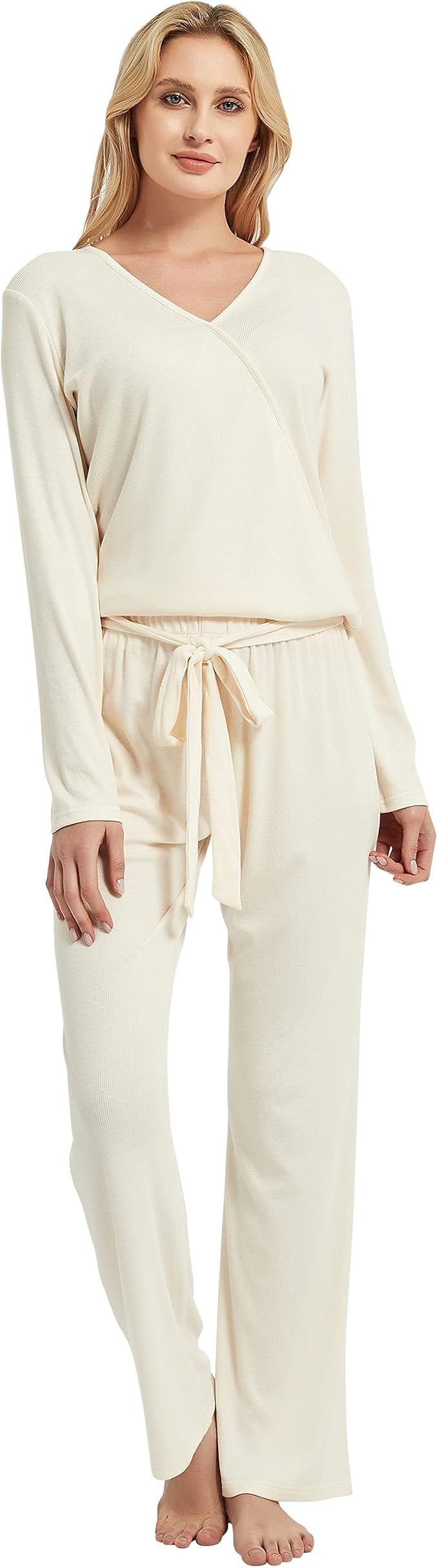 FELEMO Womens Pajama Set Long Sleeve Sleepwear Nightwear V Neck Pjs Sets S-XL | Amazon (US)