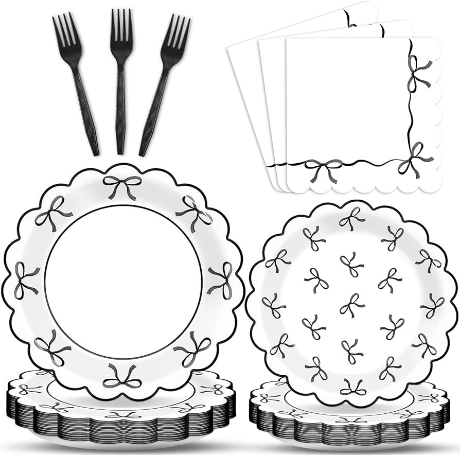 96Pcs Black White Bow Party Decorations Girl Bow Birthday Paper Plates Napkins Supplies Bowknot T... | Amazon (US)