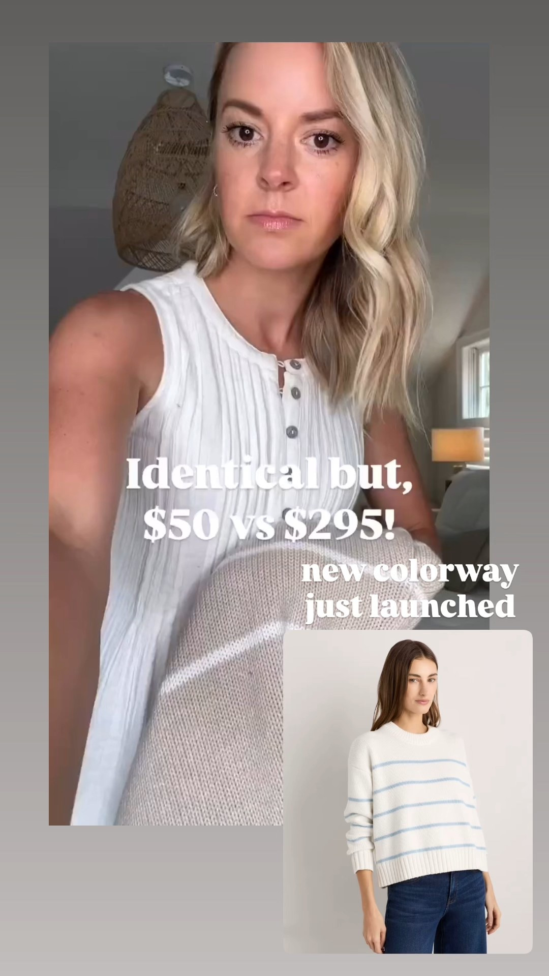 I’m still shook at how good this $50 Quince sweater is 🤯 it’s identical to myJenni Kayne one for a fraction of the price and they have a new colorway!! 
-I sized up 1 to a medium in both sweaters 
-sized up 1 to a 27 in shorts 
-dress runs a little big, I went size XS

look for less, save vs splurge, summer sweater 
