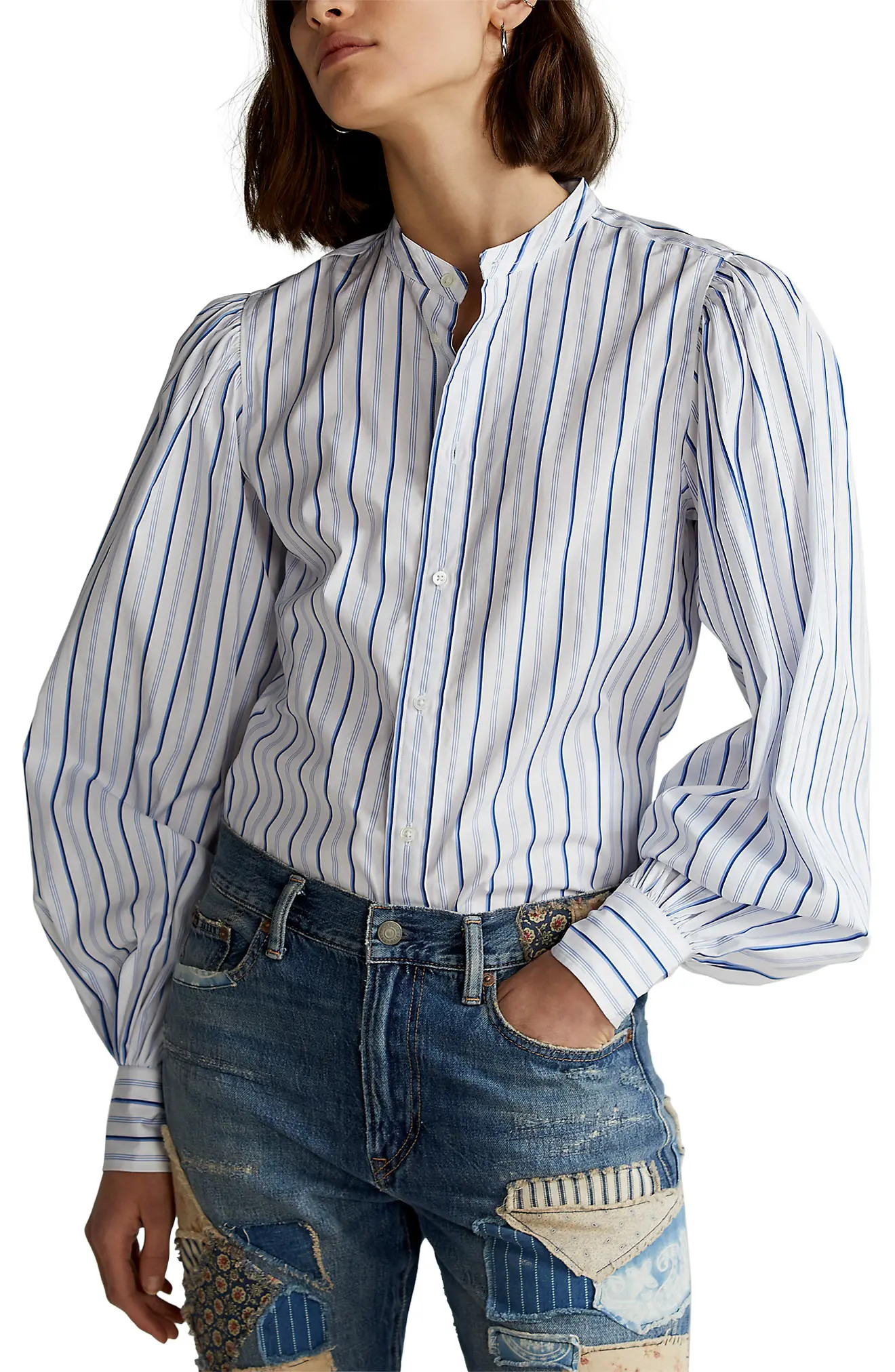 Women's Polo Ralph Lauren Stripe Balloon Sleeve Blouse, Size 0 - White | Nordstrom