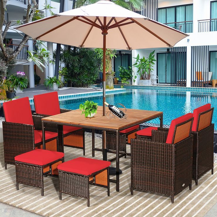 Costway 9PCS Patio Rattan Dining Set Cushioned Chairs Ottoman Wood Table Top White\Red | Target