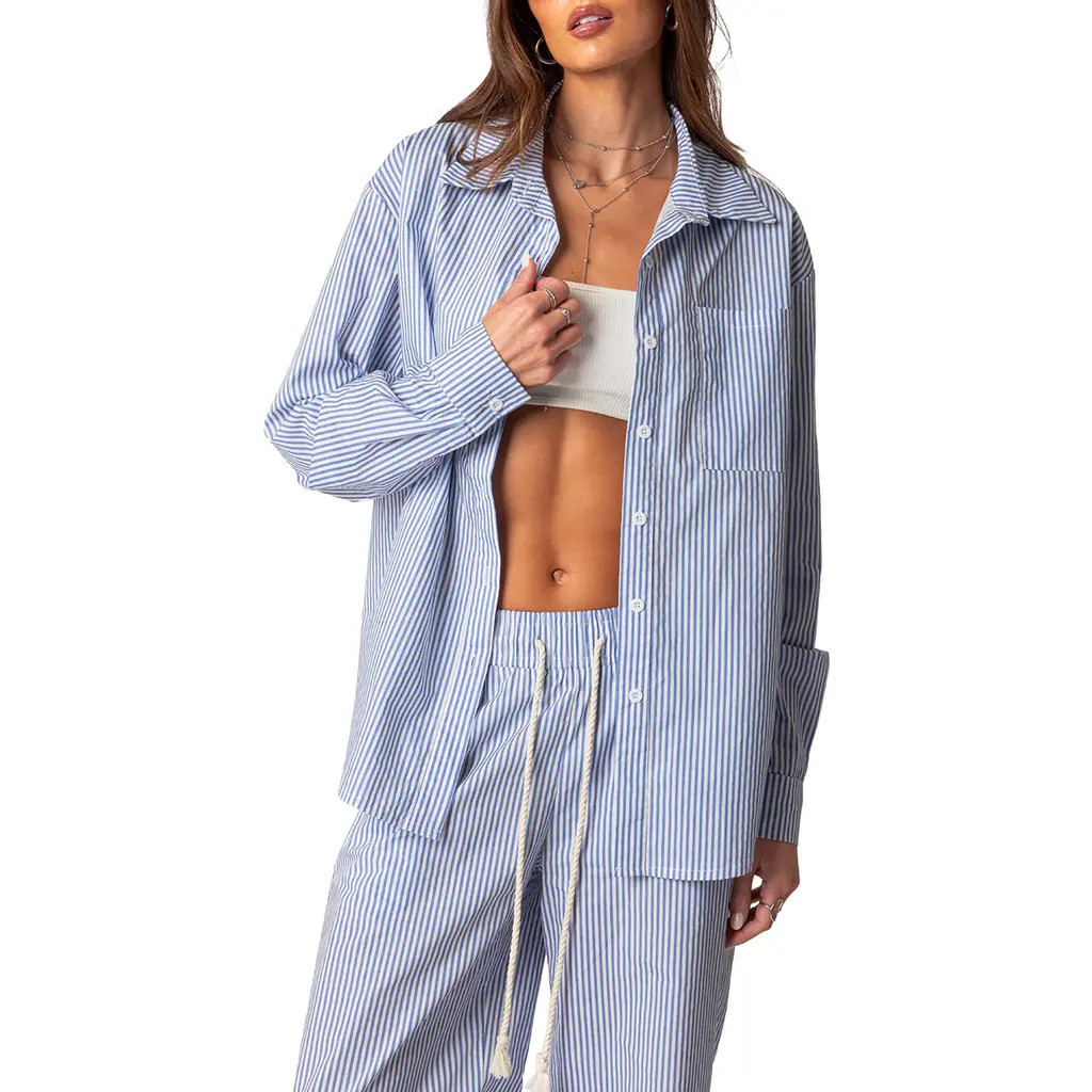 EDIKTED Oversize Pinstripe Cotton Button-Up Shirt in Blue at Nordstrom, Size Large | Nordstrom