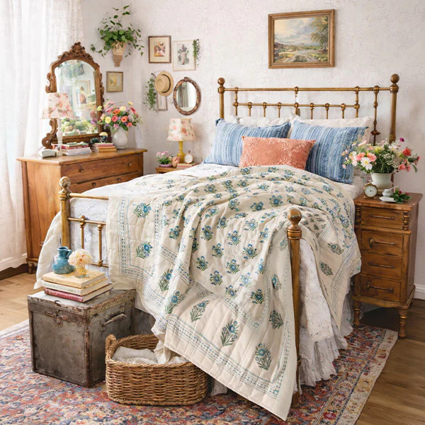 Hand Block Print Cotton Throw Blanket with Blue-Green Botanical Patter - Decor Steals | Decor Steals