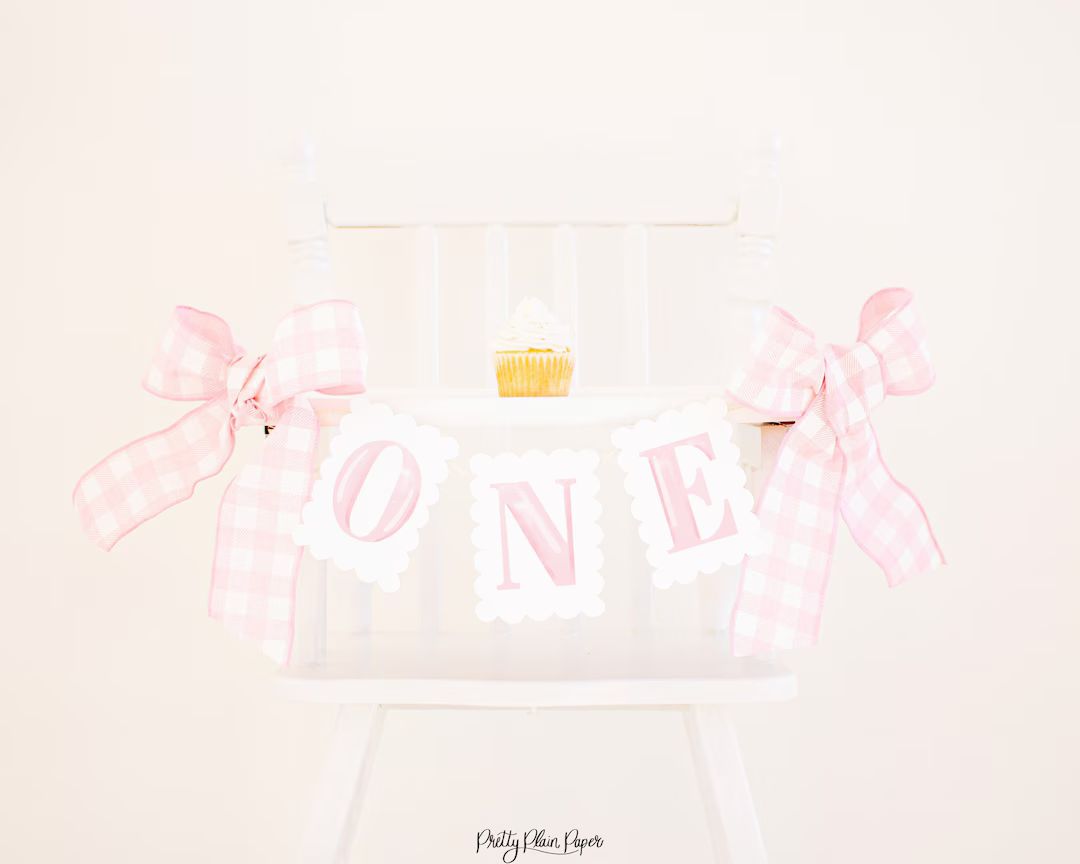 Pink Watercolor 'ONE' Scallop Edge High Chair Banner | Printable Download | Watercolor ONE High C... | Etsy (US)